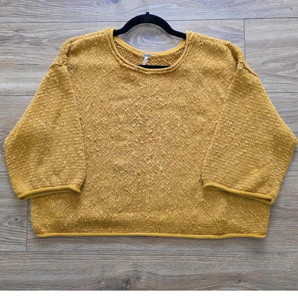 Free‎ People Textured Knit Sweater Mustard Yellow Cropped Boho Pullover Sz SP